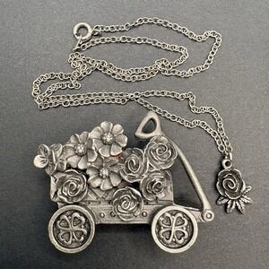 Vintage Torino Pewter Trinket Box Set Flower Wagon Cart Earrings Brooch Necklace